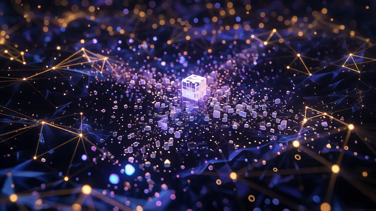 Abstract 3D visualization of decentralized storage with data fragments connecting across a global network of nodes.