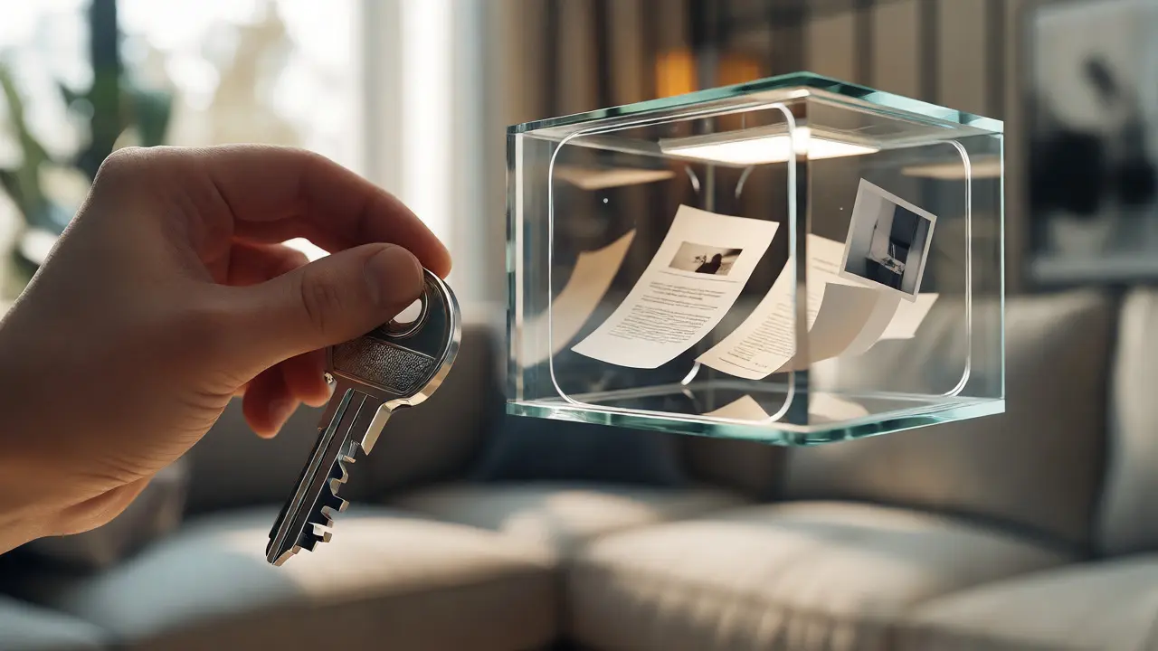 Hand holding a key beside a transparent digital vault containing floating personal documents and photographs.
